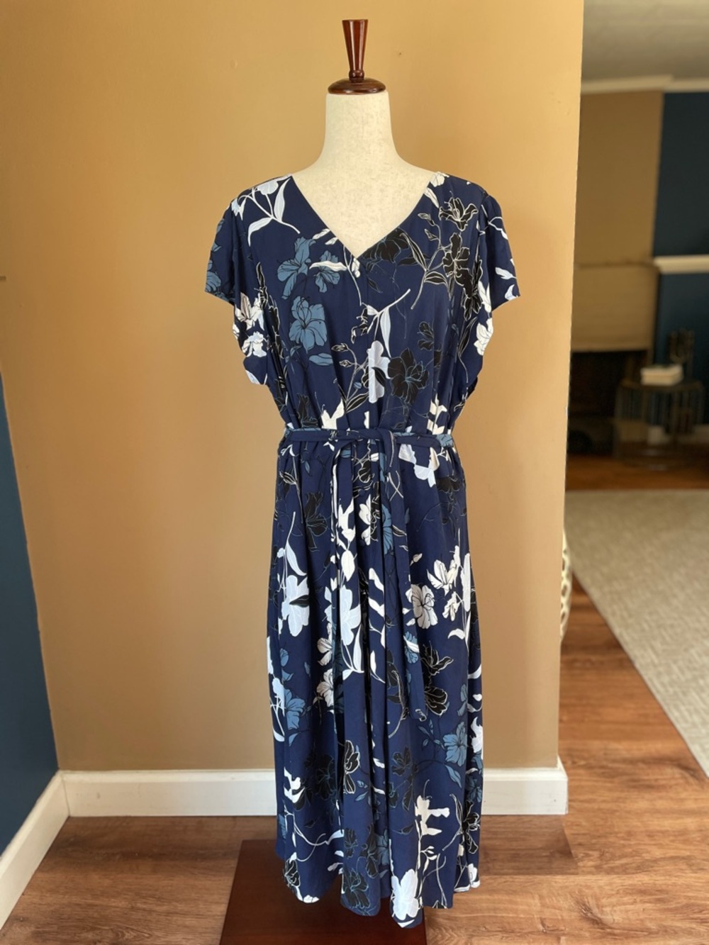 Talbots Blue Floral Belted Midi Dress NEW Size 16W Full Button V Neck #